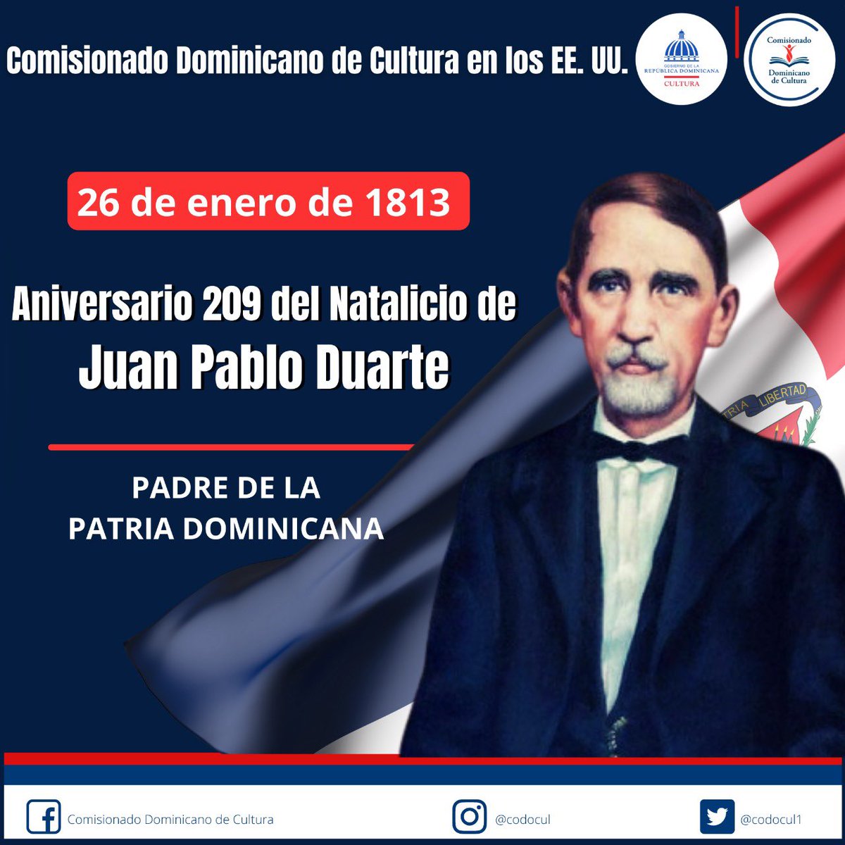 codocul1's tweet photo. Esta mente ilustre soñó con la independencia de toda una nación y trabajó hasta lo imposible para que fuera una realidad. Hoy, le damos inicio al mes de la patria conmemorando el nacimiento de Juan Pablo Duarte y Diez. https://t.co/64ridt5qY9