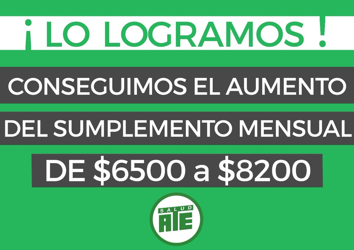 [SEGUIMOS AVANZANDO]
En el día de hoy logramos el aumento del suplemento mensual sectorial de $6.500 a 8.200. El mismo será percibido en el mes de febrero y contamos con el compromiso de su continuidad durante todo el 2022.  
🎉Enorme logro de Ate Salud 🎉

#AteAvanza
