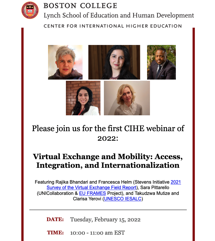 BC_CIHE's tweet photo. 📢 Please join us for the first CIHE webinar of 2022!
🗣️ "Virtual Exchange and Mobility: Access, Integration, and Internationalization"
🗓️ February 15 @ 10AM EST
🔗 Register here: https://t.co/6eOUugUEk1 https://t.co/xH64aHAPlZ