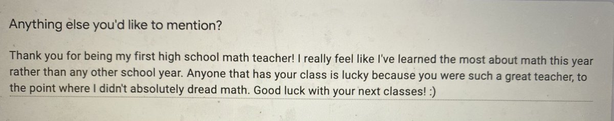 lizholmes237's tweet photo. I collected feedback this week about the new destreamed grade 9 math course from students, and got this, which made my whole week! 

So proud of this group’s resilience to my trials and errors and the craziness of this semester. Can’t wait to teach it again semester 2! #mth1w https://t.co/zjoghCkdiY