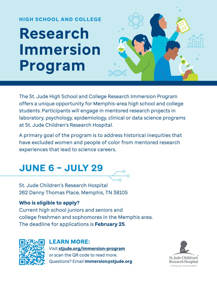 The St. Jude High School and College Research Immersion Program  offers a unique opportunity for Memphis-area high school and college students. Participants will engage in mentored research projects at St. Jude Children’s Research Hospital.

Visit stjude.org/immersion-prog…