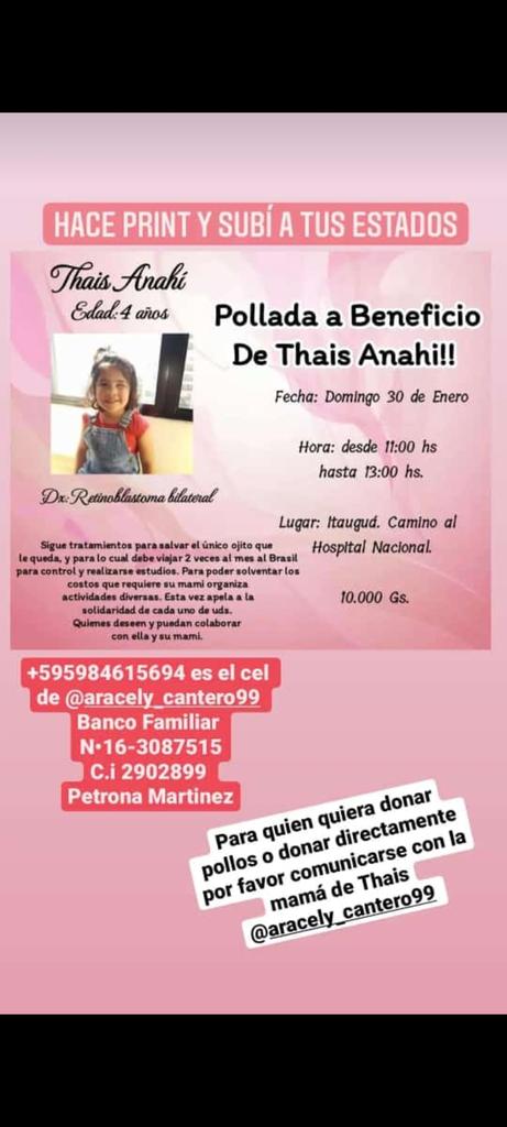 A 4 días gente de tener que viajar🙏🙌, 
Necesitamos de todos ustedes🙏😪 ayúdanos con tu rt 😪😭 hasta el momento tengo juntado 1millon😔❤🙏, nos falta 2.500.000🙏🙏🙏😭, le tengo que llevar a thais para su fondo de ojo que todo depende de su estudio 🙏🙌