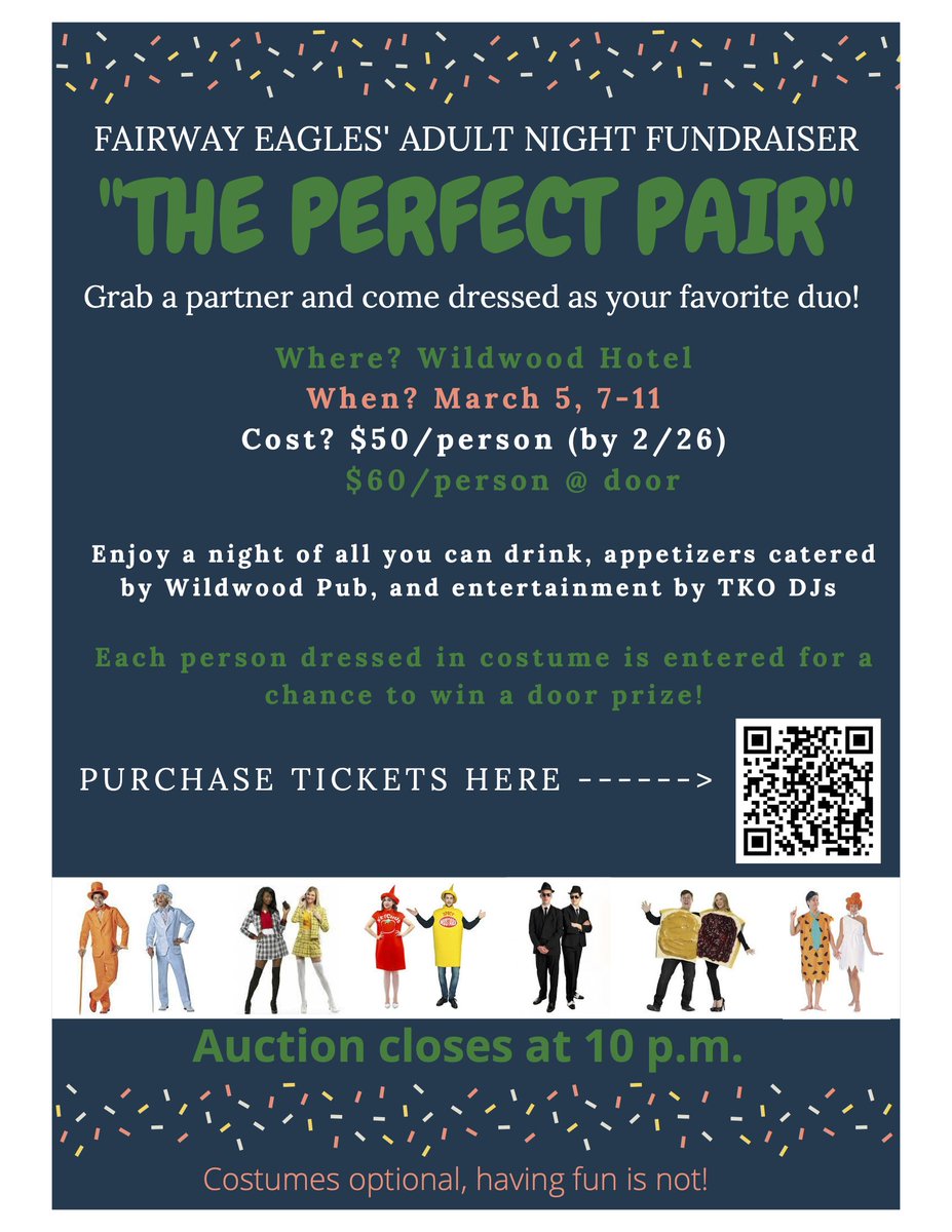 FairwayPTO's tweet photo. The Perfect Pair Adult Night Fundraiser tickets are now on sale!  $50/person through 2/26, or $60/person at the door.*
The event includes drinks, appetizers, a DJ, and an online auction! 
Buy your tickets here: https://t.co/XuaXUSWeYU https://t.co/r5jhxWnaMn