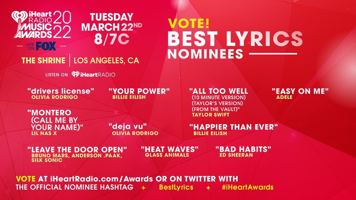 iHeartRadio's tweet image. Voting for our 2022 #iHeartAwards is officially open! 🤩🎶 

Vote for #BestLyrics on Twitter using the appropriate hashtags &amp;amp; also vote on iHeartRadio.com/Awards