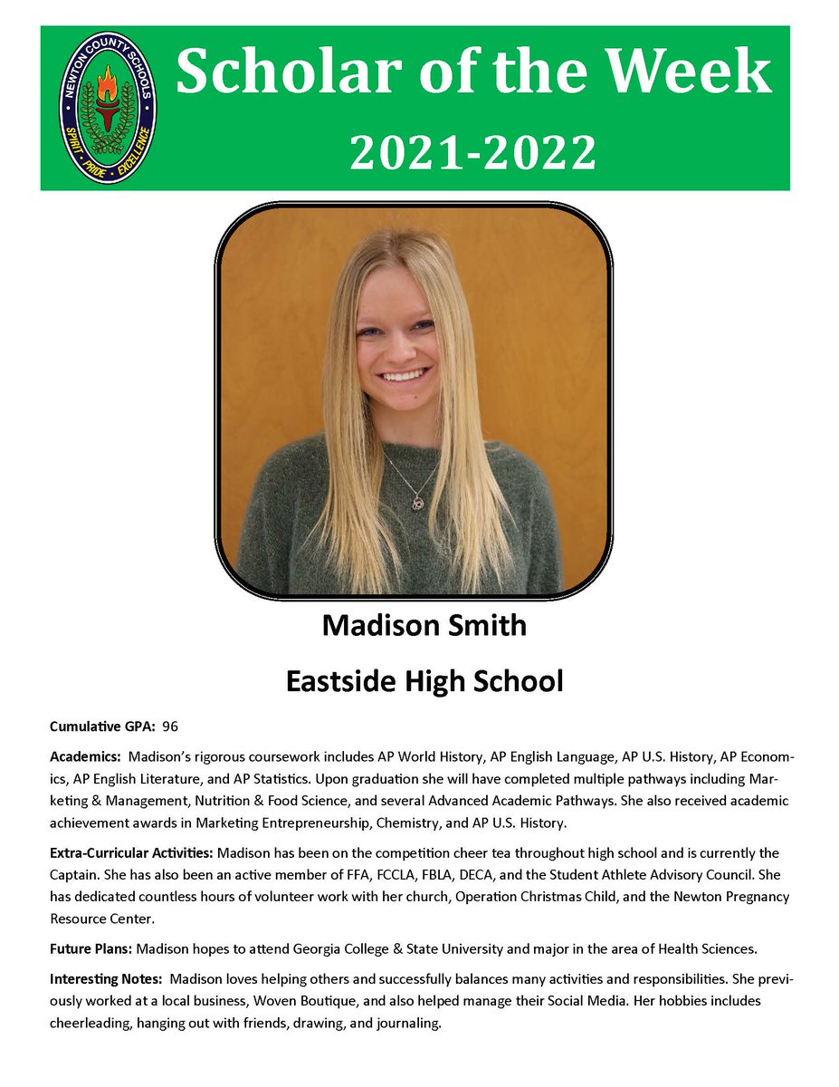 Congratulations to <a href="/EHS_Eagles/">Eastside High School</a> senior, Madison Smith--one of this week's NCSS Scholars of the Week!  #NCSSBeTheBest