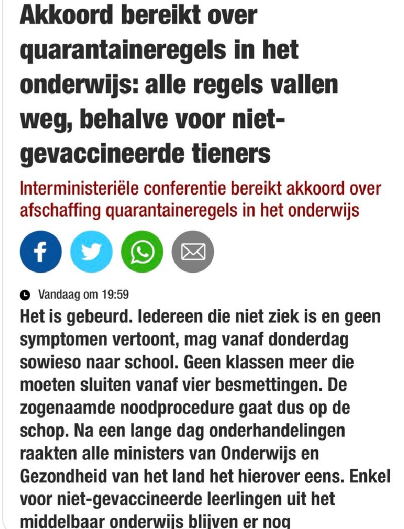 Dit begint nu toch wel echt ernstige proporties aan te nemen!!!!
Gaat men nu al het recht op onderwijs koppelen aan de vaccinatiestatus?

Anderhalve maand geleden was dit nog taboe... (ZOGEZEGD)

Kan je eigenlijk nog iets geloven wat politici zeggen?