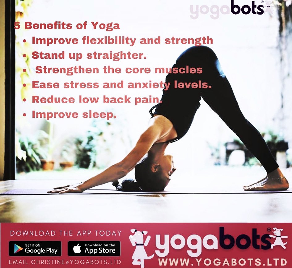 BotsYoga's tweet photo. 5 Benefits of Yoga! 
•Improve flexibility and strength. Yoga stretches your muscles. 
•Stand up straighter. Many poses in yoga can strengthen the core muscles in your stomach and back.
•Ease stress and anxiety levels. 
•Reduce low back pain. ...
•Improve sleep. https://t.co/oazgR60AXL