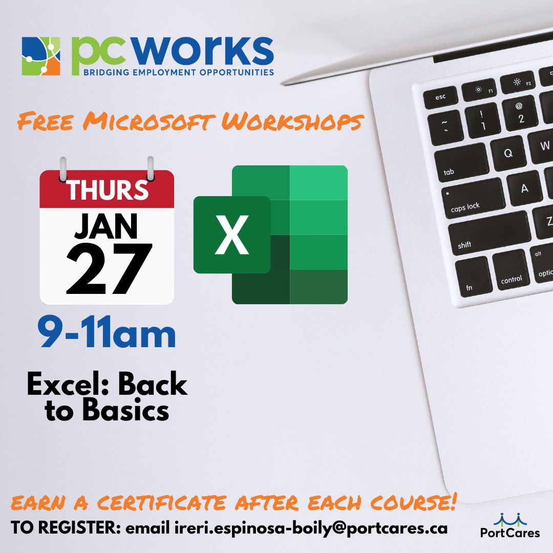 PCWorksEmploy's tweet photo. We have two more Microsoft workshops this week for you! It's not too late to register. Send an email to ireri-espinosa-boily@portcares.ca to reserve a spot. Earn a certificate after each course and enhance your skills! #pcworks #portcares #niagarajobsearch https://t.co/9IOSvwMlHu