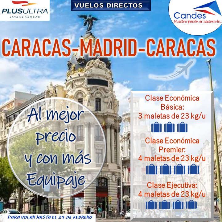 CandesCavyt's tweet photo. Plus Ultra reinicia sus operaciones todos los jueves. Vuelven los vuelos directos Caracas/Madrid/ Caracas Al mejor precio y con más Equipaje, a partir del 10 de febrero. https://t.co/UMcgoQVHbs