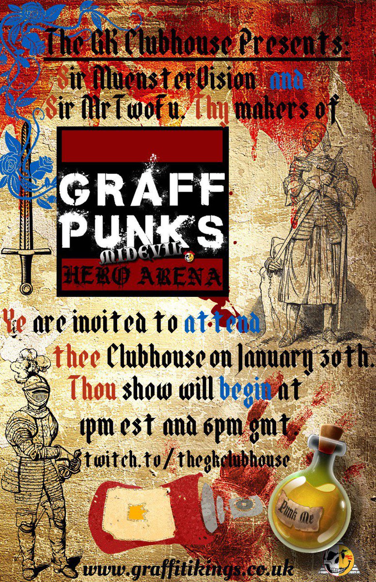 <a href="/GraffitiKINGS/">Graffiti KiNGS</a> and Queens, get battle ready as we are LIVE via twitch.tv/thegkclubhouse Sunday Jan 30th @ 6pm GMT / 1pm EST with special guest <a href="/Muenstervision/">Muenstervision</a> <a href="/Mr_Twofu/">Mr Twofu</a> ⚔️🔥!!! FREE #NFTGiveaways as always 🥳!  #LFGK #NFTCommunity #NFT #nftart #NFTs #NFTcollection #nftart #NFTGame