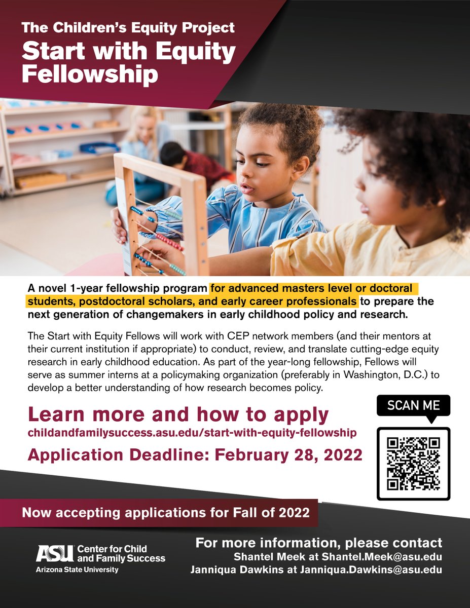 ChildrensEquity's tweet image. Start with Equity Fellowship applications are open! The 1-year fellowship includes a stipend &amp;amp; summer internship at a policymaking organization.

Deadline to apply is February 28, 2022.

Learn more: bit.ly/StartWithEquit…
#StartWithEquity #policy #Fellowship