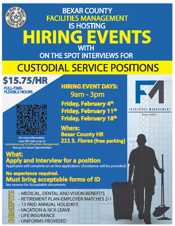 BexarCountyHR's tweet photo. Bexar County is hiring custodial services employees--apply today! #BexarCountyEmployment https://t.co/MVaeB83qvw -> career opportunities! https://t.co/fs5brAxYh2