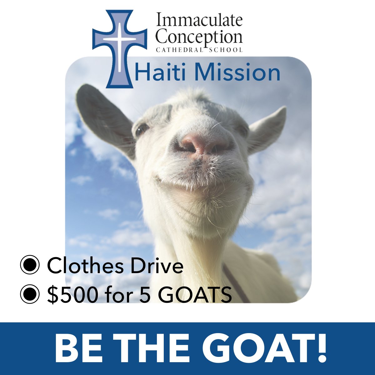 Join us in supporting our sister school and parish in Layaye, Haiti! We are collecting clothes as well as funds to buy goats, which will provide an income source for their school and families. #bethegoat #myiccs