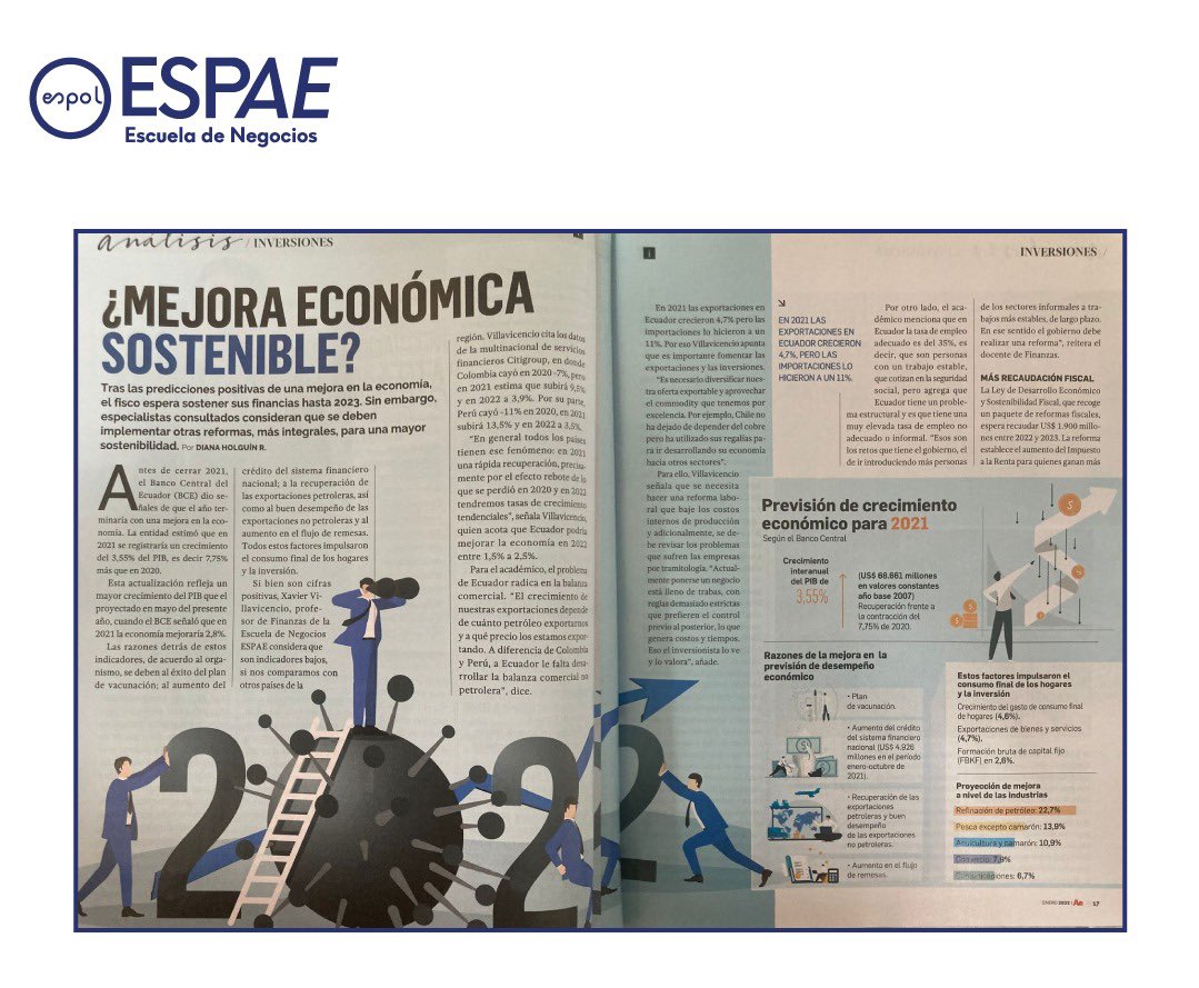 espae's tweet photo. La revista América Economía edición Ecuador, realizó un análisis sobre la factibilidad de una mejora económica sostenible, en el que se consulta la opinión del tema a tres especialistas. @X_Villavicencio, profesor de ESPAE, colaboró con este medio. https://t.co/IbQY9XjEir