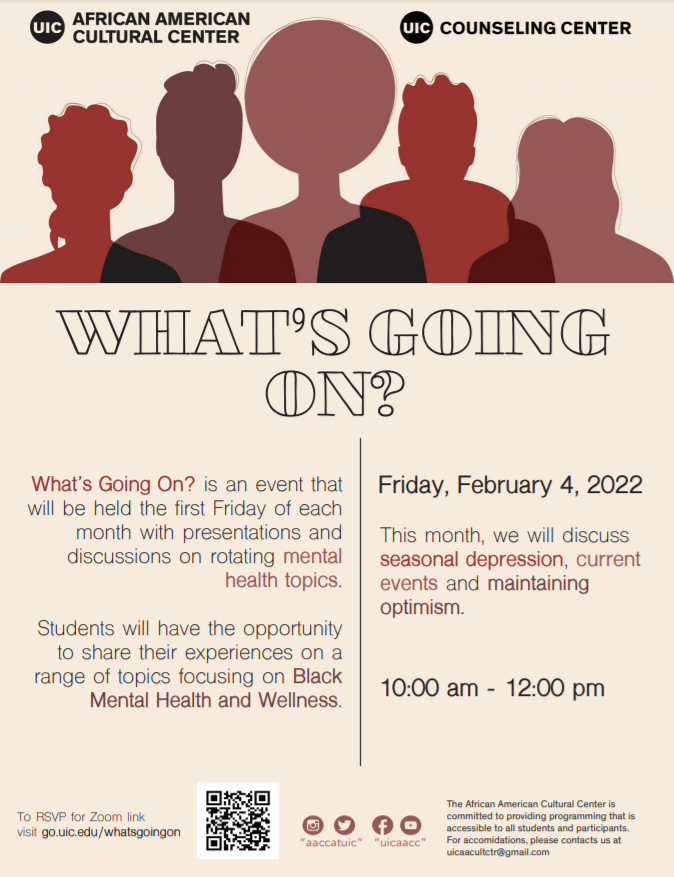 BCCatUIC's tweet photo. Join us this month, as we discuss seasonal depression, current events and maintaining optimism.
Click here to RSVP: https://t.co/bKpozYkbIv https://t.co/403E86N4XA