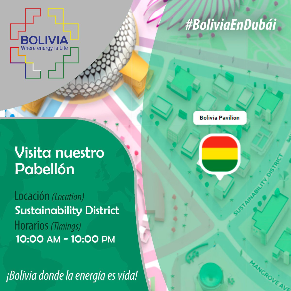 [Bolivia donde la energía es vida]

Estamos presentes en la @expo2020dubai, orgullosos de dar a conocer los productos elaborados en Bolivia🇧🇴
Visita nuestro Pabellón👇