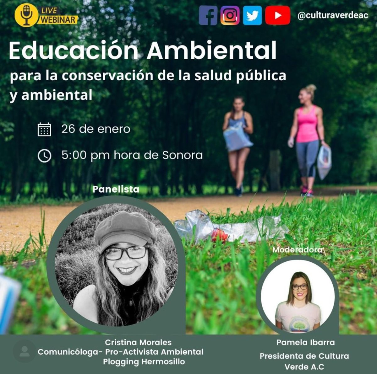 plogging_hmo's tweet photo. Es hoy en punto de las 5 pm por las redes sociales de @CulturaVerdeAC 
Acompáñenos a platicar un poco de lo que hacemos
Live #webinar "Plogging, el deporte del medio ambiente" impartida por @Cris_plogging , Pro-activista ambiental.
¡Es hora de actuar #PorLaNaturaleza! https://t.co/Lu7HhXocKA