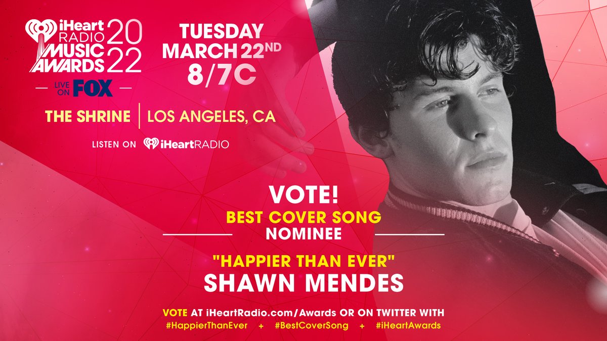 iHeartRadio's tweet photo. 🎤 @ShawnMendes 🎤

Vote using these hashtags: #HappierThanEver #BestCoverSong #iHeartAwards 

And vote on: https://t.co/aPueslpaIw https://t.co/6b9xomIbVX