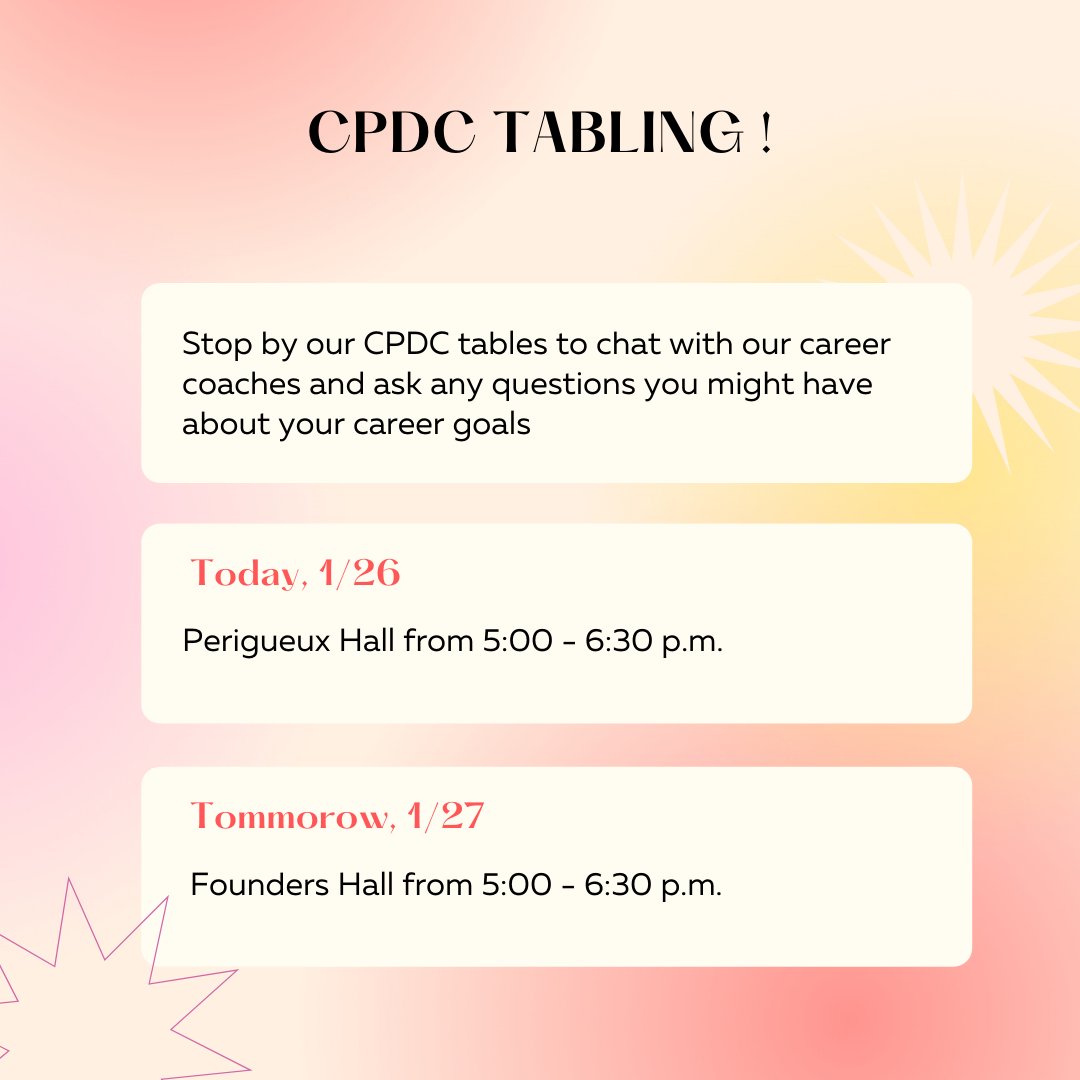 StMUCareer's tweet photo. Welcome back Rattlers! Keep an eye out for our career coaches today in Perigueux hall and tomorrow in Founders hall. This is a great opportunity to ask any questions and get information on future career events. https://t.co/1apQeabXuO
