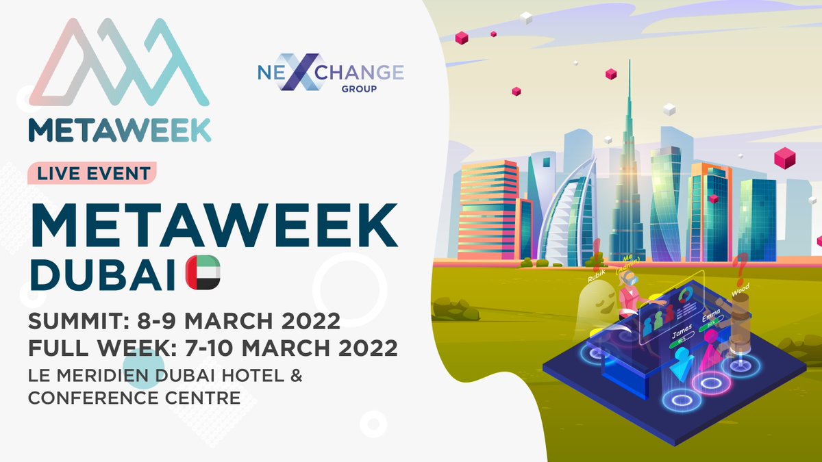 Major MetaWeek event in Dubai soon!
 x.com/themetaweek
#MetaWeek2022 #metaverse #meta #bitcoin #blockchain #Dubai #DeFi #DLT #digitalasset #crypto #tokenization