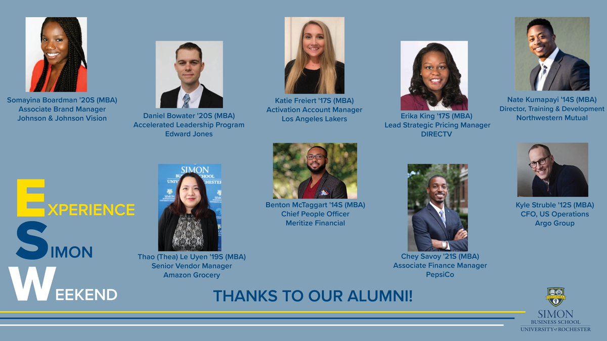 SimonSchool's tweet photo. A huge thank you to the alumni who supported our virtual Experience Simon Weekend last weekend! Your mentorship and dedication to the Simon family is always so appreciated!
#SimonStrong #MBA #bschool #SimonProud https://t.co/lsn0V2EwQB