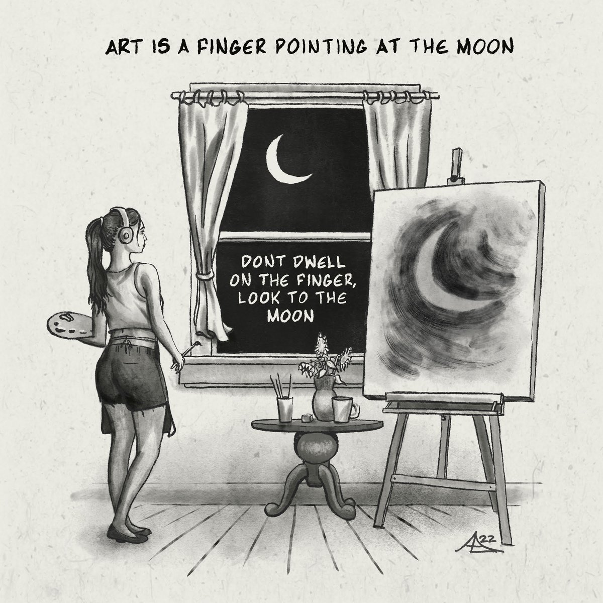 From my favorite artist <a href="/AldenBrownstone/">Alden Brownstone</a>, riffing on an old Buddhist adage. Wonderful grasp of what #art truly is. #digitalart #illustrator #artist #wisdom