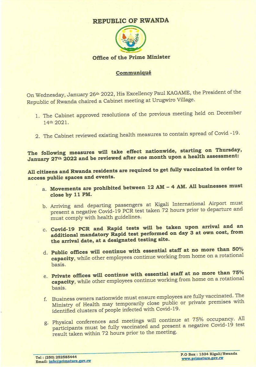 PrimatureRwanda's tweet photo. Statement on Cabinet Resolutions of 26/01/2022. https://t.co/xSit4sJnQW