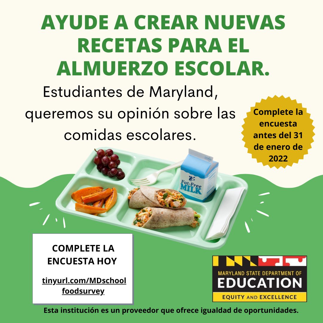 ¡Ayuden crear nuevas recetas escolares! Háganos saber los alimentos y sabores que desea ver en las comidas escolares. 

Realice la encuesta antes del lunes 31 de enero: tinyurl.com/MDschoolfoodsu…

Los padres y maestros pueden ayudar a los niños pequeños a completar la encuesta.