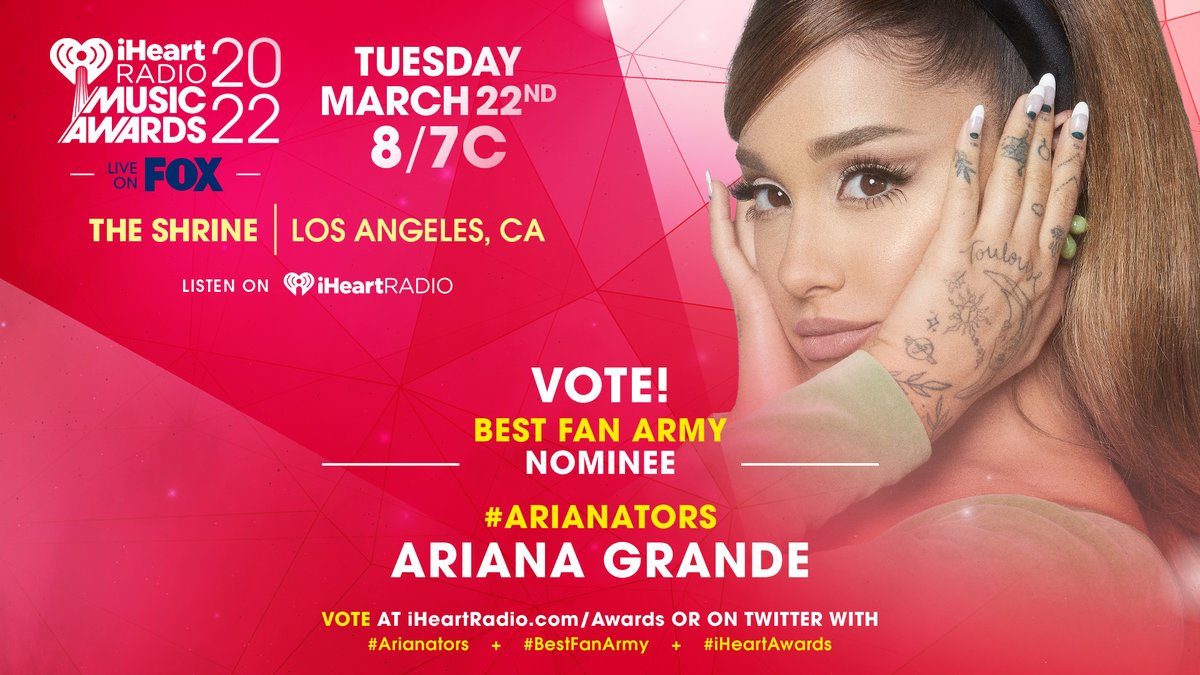 ❤️ Ariana Grande ❤️

Vote using these hashtags: #Arianators #BestFanArmy #iHeartAwards 

And vote on: iHeartRadio.com/Awards