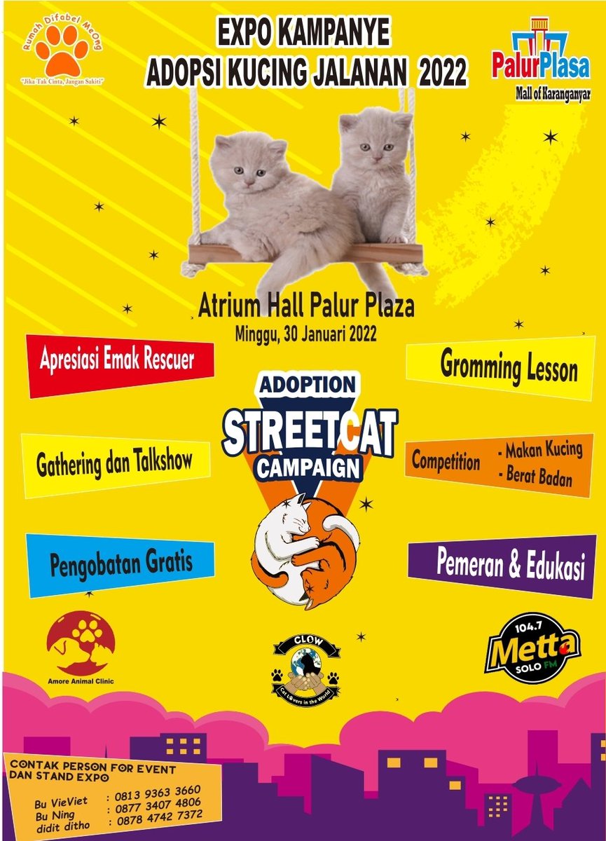 Expo difable meong,30 januari 2022 <a href="/palur_plasa/">Palur Plasa</a> . Gathering. Pengobatan gratis. Vaksin kucing. Gromming lesson. Lomba a.l kucing makan dan berat badan. Serta edukasi.