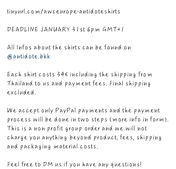 LilliMangos's tweet photo. EU/UK/CAN/US GO for the new shirts from Antidote BKK run by
Thai Entertainer Tul Pakorn @octotul and partners

https://t.co/pFGUuo2AQ4

ENDS JAN 31st 6pm GMT+1

34€/shirt, one size, incl shipping from Thailand and payment fees. Final shipping excluded.

#antidotebkk #tulpakorn https://t.co/V0XAqZBSSA