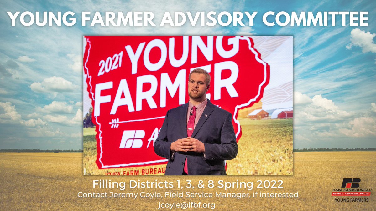 Wondering how you can become more involved in the Young Farmer Program? Members, age 18-35, of Districts 1, 3, &amp; 8 are encouraged to apply for the Young Farmer Advisory Committee! Contact jcoyle@ifbf.org by February 1st if interested.

iowafarmbureau.com/WebsitePageFil…