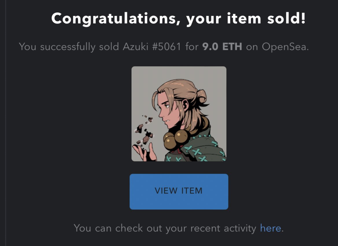 MAV1300's tweet photo. Sad to see my azuki go so fast, blessing and a curse. Never would I have thought of selling and buying items of such high value. Loving the space and energy and wishing the best for all y’all out there. Keep grinding, we all gonna make it 🔥 #Azuki #NFTCommunity #WAGMI https://t.co/GA7Ux2xKW1