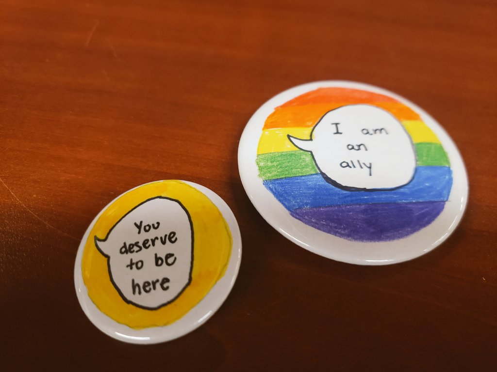 Ms_Arnal's tweet photo. Today our school GSA club met together and made pins. Lots of sharing and laughter. Afterwards I find out it is #BellLetsTalk today. How cool ❤🌈 https://t.co/ZiZmJ3JgQI