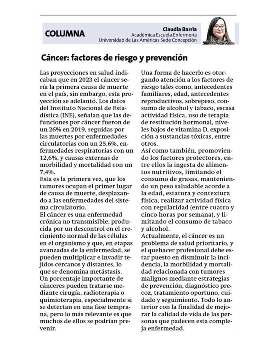 “Cáncer: factores de riesgo y prevención”. Revise la columna publicada por Claudia Barría, Académica de la Escuela de Enfermería, Sede Concepción, en: litoralpress.cl/sitio/Prensa_D…
<a href="/UDLA_CL/">UDLAChile</a> <a href="/SaludSocUDLA/">Facultad de Salud y Ciencias Sociales UDLA</a> <a href="/D_DocenteUDLA/">Desarrollo Docente UDLA</a> <a href="/UDLAInvestiga/">Investigación UDLA</a>
