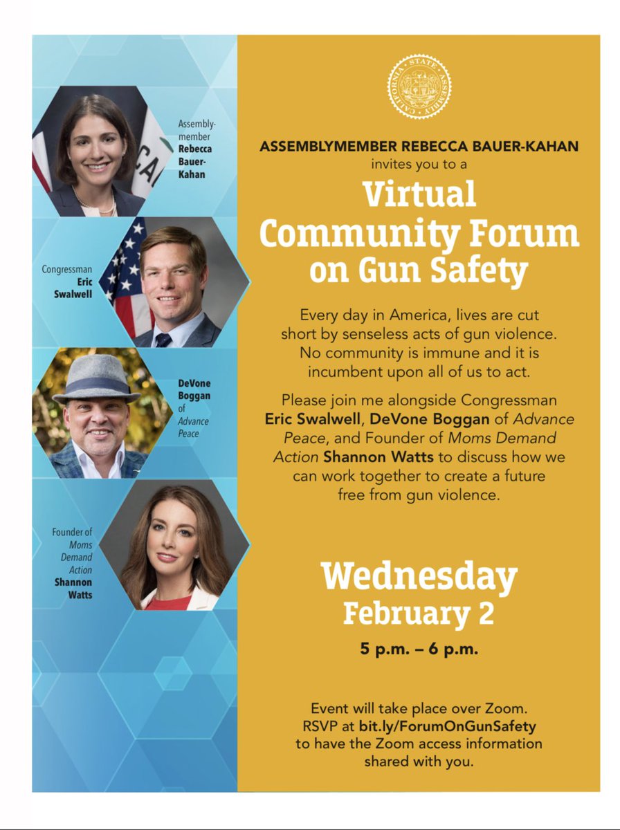 In order to discuss the critical need for action on gun violence, I am hosting a virtual community forum with <a href="/RepSwalwell/">Rep. Eric Swalwell</a>,  DeVone Boggan of <a href="/WeAdvancePeace/">Advance Peace</a> , and founder of <a href="/MomsDemand/">Moms Demand Action</a>, <a href="/shannonrwatts/">Shannon Watts</a> . We hope you will join us for this important conversation!