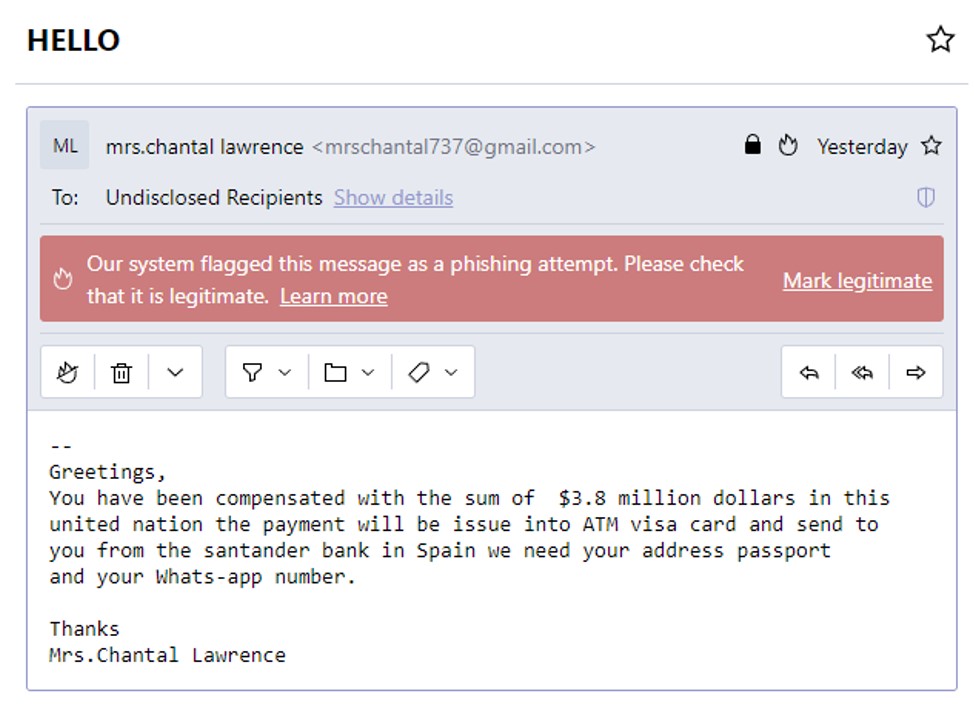 Getting fraudulent emails like this and counting all the spelling and grammar errors in them is one of my guilty pleasures.