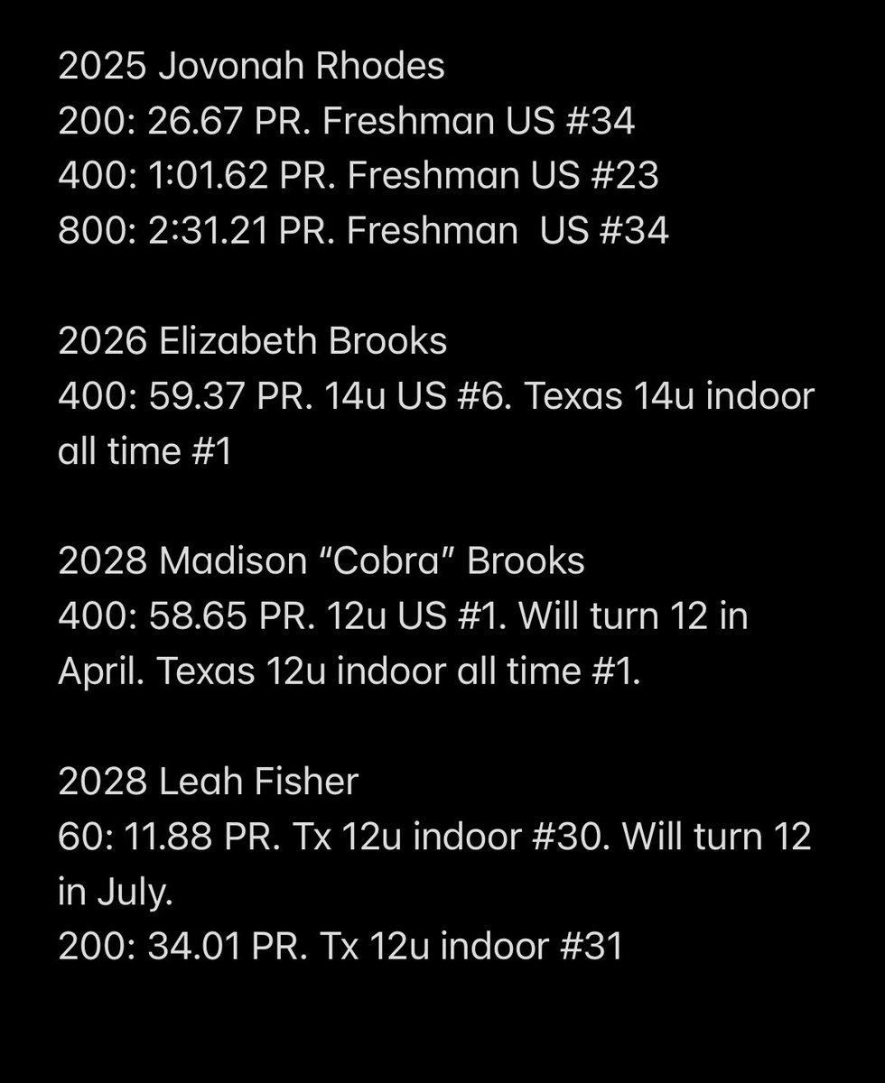 We are very proud of the compiled  indoor results for the GIRLS in our training group. From 12th-6th grade, please take a look at several NATIONAL leaders from our <a href="/GH_Track/">Greater Houston Track Club</a> training group. #BeGreater #APXP #FactsAreFriendly