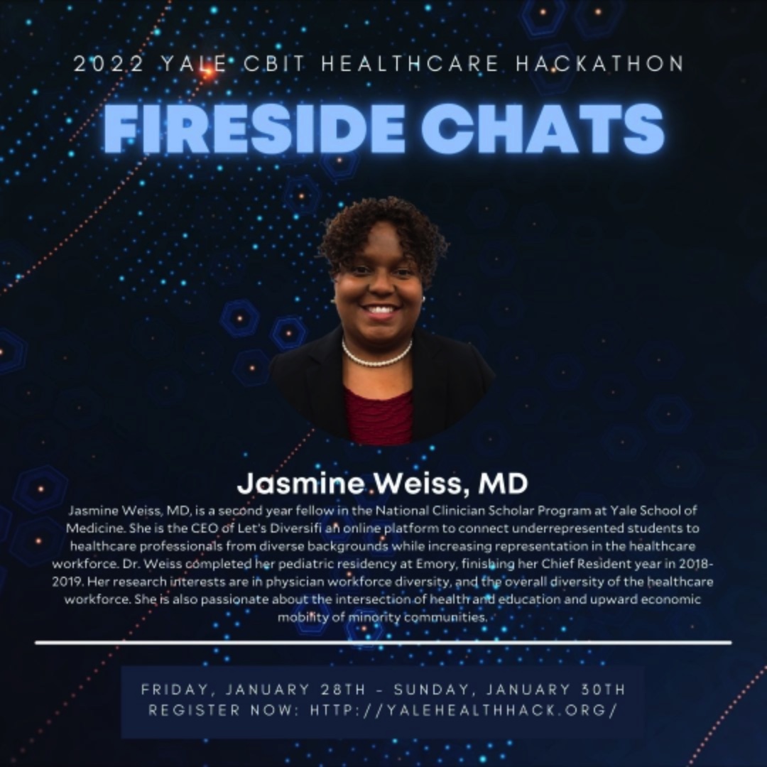 Jasmine Weiss, MD. Dr. Weiss is a second year fellow in the National Clinician Scholar Program at Yale School of Medicine. She is the CEO of Let's Diversifi and is passionate about the intersection of health and education and upward economic mobility of minority communities.