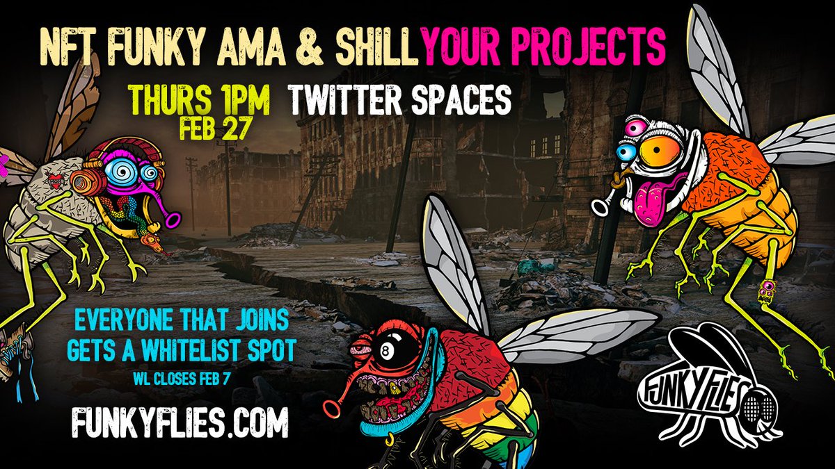 funky_flies's tweet photo. LETS DO IT AGAIN TOMORROW!!!! #funkyflies #NFTProject #NFTCommmunity @SkurpySocial #SpacesHost #BoredApeYC #ApocalypticApes #APES 
Chat with #gicevt and @kRYKpto and @gruntleddesign - BRING THE WHALES @Fityeth we are READY!!!
https://t.co/hWp83GmpxH https://t.co/jX1KuEcw6n