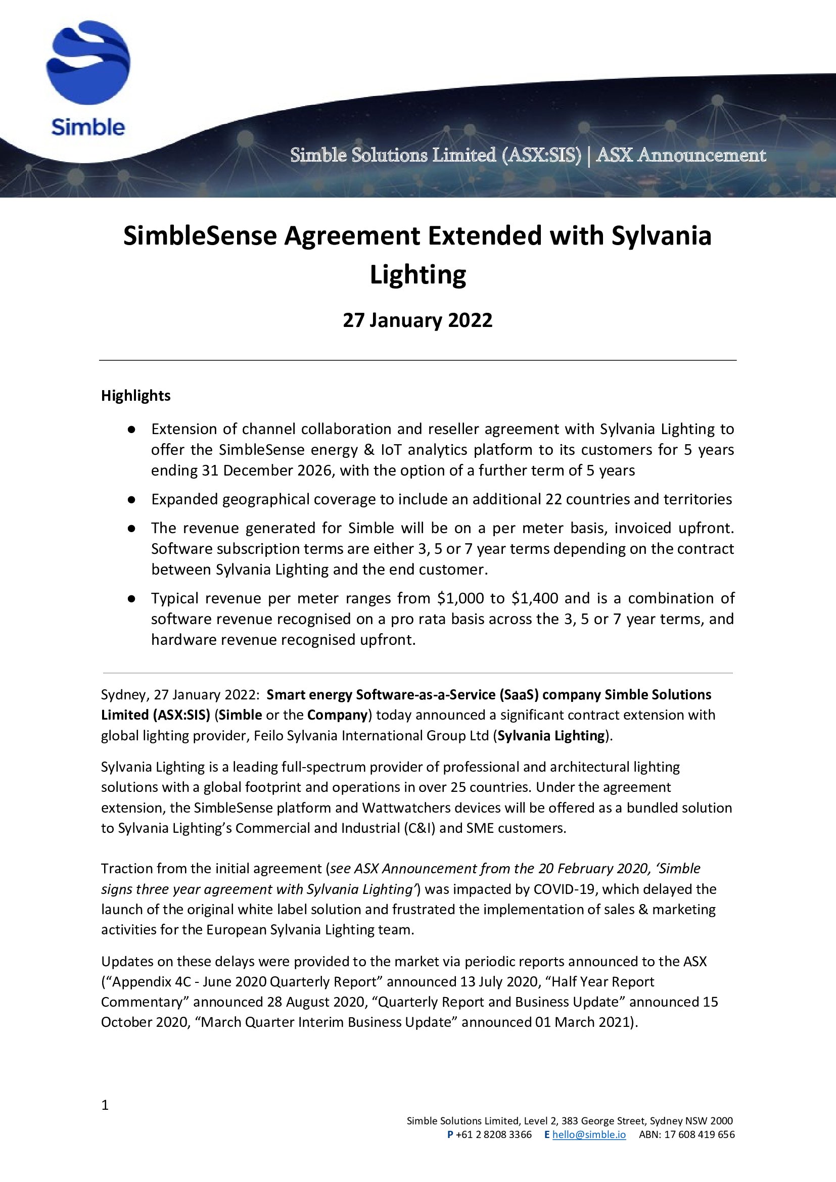 Simble Solutions Limited ASX: SIS Twitter: just released the following announcement to the market: Sylvania Lighting Agreement Extension Full announcement at https://t.co/i9TWyBnRJT https://t.co/sie0lqUeik" / Twitter