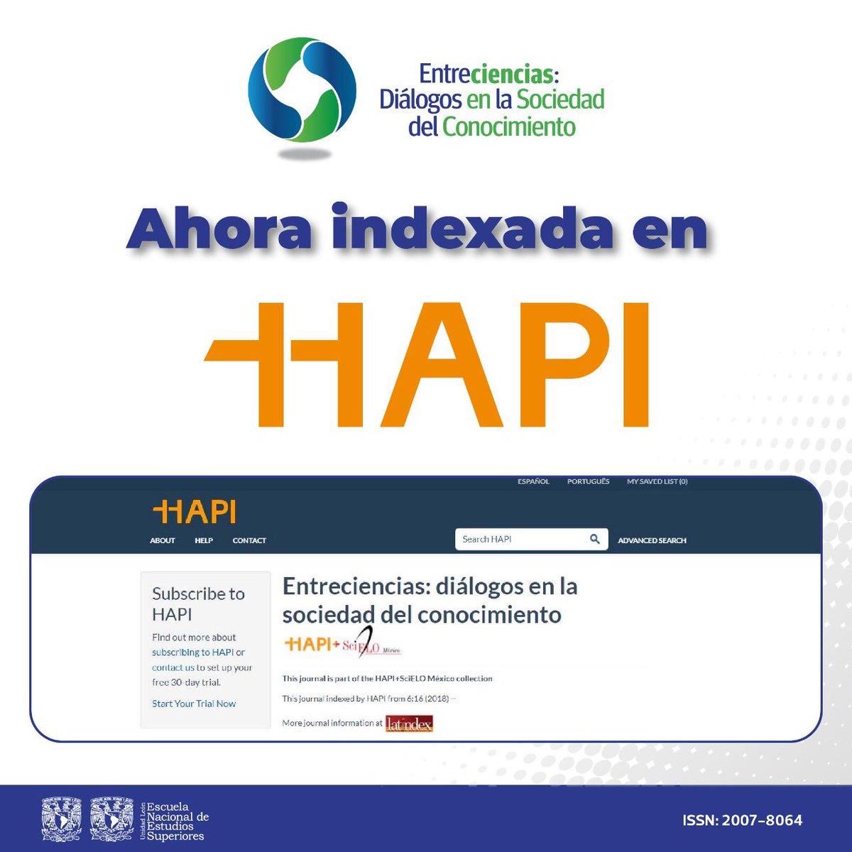 entreciencias's tweet photo. Entreciencias de la @ENESUNAMLEON ahora se encuentra indexada en HAPI‼️🌎

@UCLA_HAPI proporciona citas bibliográficas completas a los contenidos de revistas académicas publicadas en todo el mundo sobre América Latina y el Caribe.

💻👉 https://t.co/Lvq1DteDYT https://t.co/013fuyzHU5