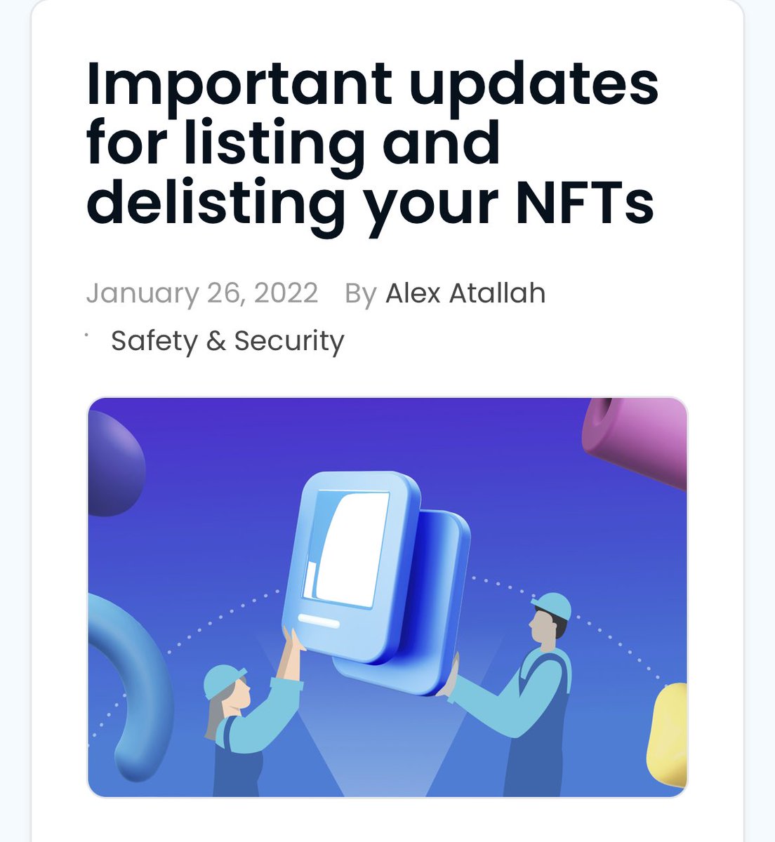 OpenSea (@opensea) on Twitter photo Check out our most recent Blog post by <a href="/xanderatallah/">Alex Atallah</a> about listing and delisting your NFTs.
opensea.io/blog/safety-se… Check out our most recent Blog post by <a href="/xanderatallah/">Alex Atallah</a> about listing and delisting your NFTs.
opensea.io/blog/safety-se…