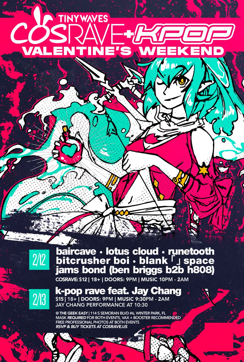 TNYWVS's tweet photo. CosRave Valentine's: SAT, FEB 12 💘

🎟: https://t.co/waqnwyeYuY

FREE professional photos, live dance music all night from our best DJs, including anime music, video game remixes, &amp; the best variety of EDM!

STACKED lineup with TWO out-of-state headliners 🔥

🎨: @HYENABLOOD https://t.co/J2O8rgiofV