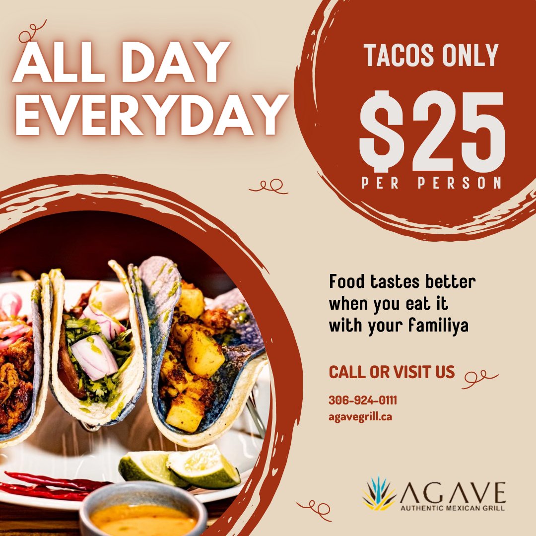 Hola Amigos! All you can eat tacos for a limited time will be ending soon.  All you can eat tacos all day every day for $25 and amazing drink specials like buckets of mix and match Mexican cerveza for $30. Have you visited us? 
#AgaveAuthenticMexicanGrill  #YQREATS  #CANTINA