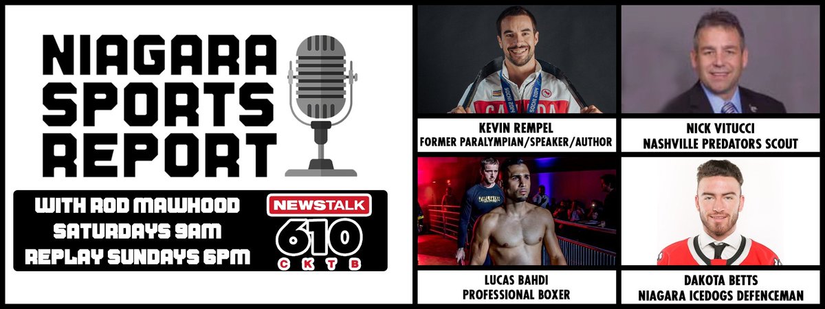rmawhood's tweet image. Former @CDNParalympics Author &amp;amp; Speaker Kevin Rempel  will continue the  #BellLetsTalk discussion
@PredsNHL Scout Nick Vitucci @V2C36
@OHLIceDogs D Dakota Betts
&amp;amp; Pro Boxer Lucas Bahdi @PrinceBahdi 
ALL this Saturday 9-10 am on the #NiagaraSportsReport
@610CKTB