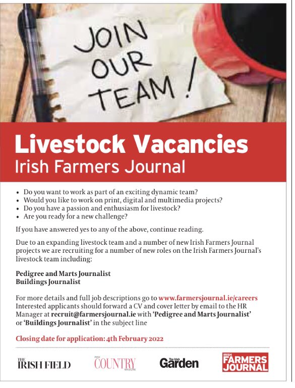 Two super opportunities available to work on our expanding <a href="/farmersjournal/">Irish Farmers Journal</a> livestock team. If you’re passionate and enthusiastic about the livestock sector and you like variety in your job drop me a DM for a chat about the positions available . <a href="/FJBeef/">FJ Beef</a> <a href="/FJSheep/">FJ Sheep</a> <a href="/FJ_Pedigree/">FJ Pedigree</a>