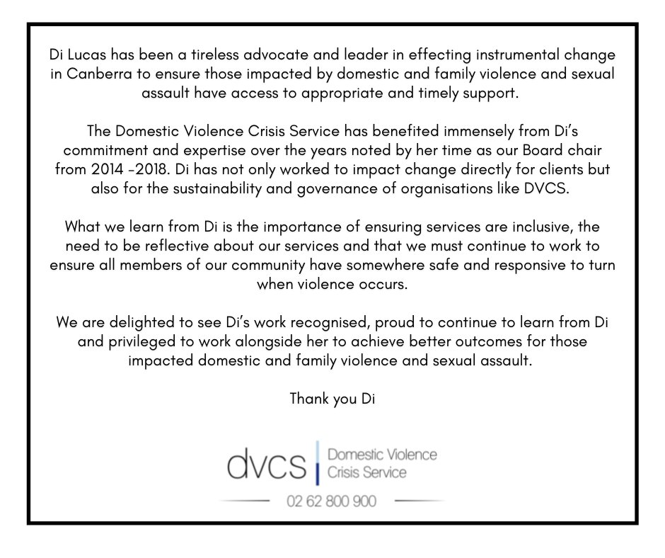 DVCSACT's tweet image. Yesterday Dianne Lucas was recognised with a Member of the Order of Australia (AM) for her continued and extensive service to women through sexual assault, domestic and family violence support organisations. 

#DVCS #DiLucasAM #DianneLucasAM #AustraliaDayHonours