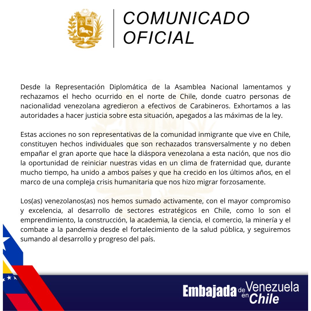 EmbajadaVE_CL's tweet photo. Comunicado Oficial, respecto a la agresión a carabineros en el Norte de Chile. https://t.co/EKIh8fEx45