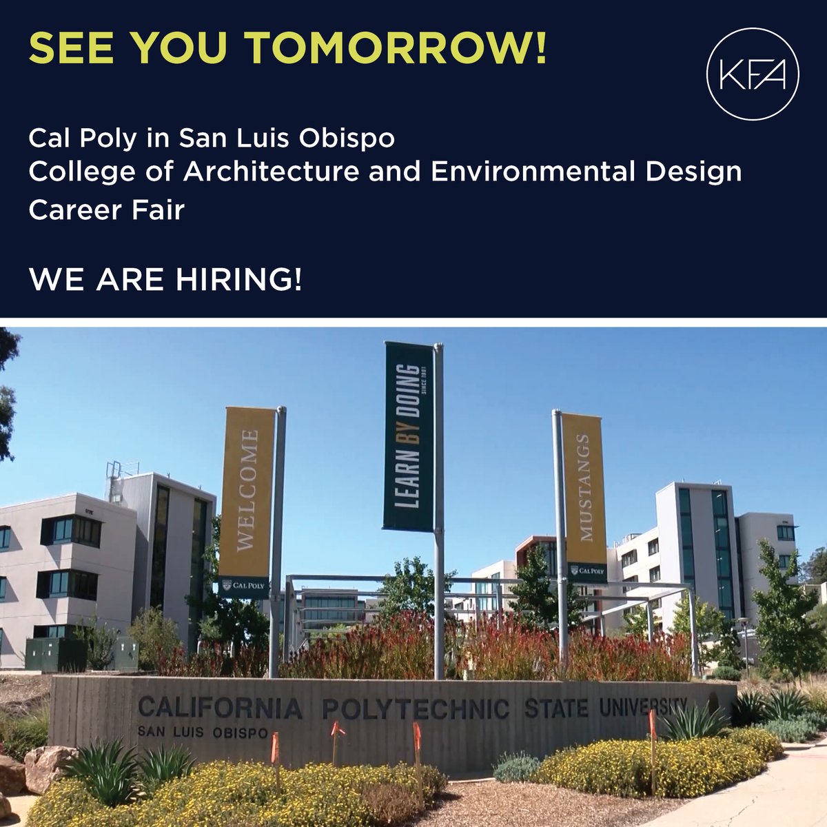 KFALosAngeles's tweet image. See you tomorrow at the Cal Poly in San Luis Obispo, College of Architecture and Environmental Design Career Fair.

Stop by our booth and talk to us!

We are hiring!

@CalPoly #kfaarchitecture #KFAculture #careerfair #calpoly #wearehiring #architecture #sanluisobispo